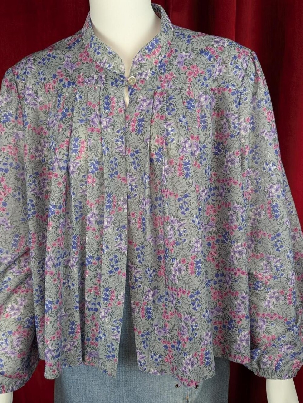 Vintage Gray, Purple, Pink, & Blue Floral Long Sleeve Open Front Cardigan